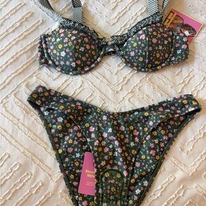 Strawberry Milk Mob Floral Bikini Set - Green and Pink Moon River Top & Bottom